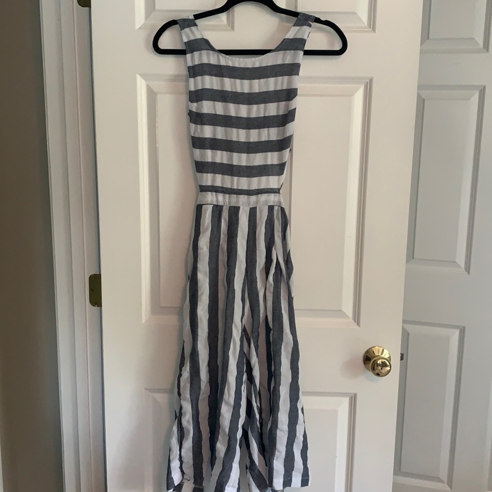 Gray/blue and white striped capri jumpsuit